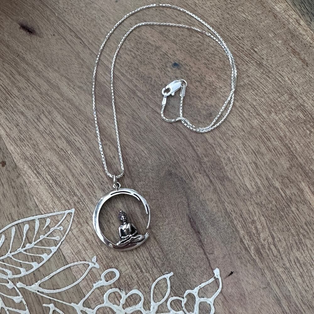 Sterling Silver Buddha Necklace, Circle Pendant, Yoga Necklace
